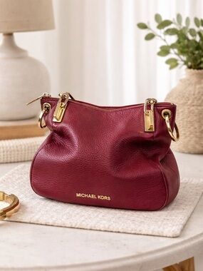 Michael Kors Burgundy Pebbled Leather Hobo Shoulder Bag – Gold Hardware
